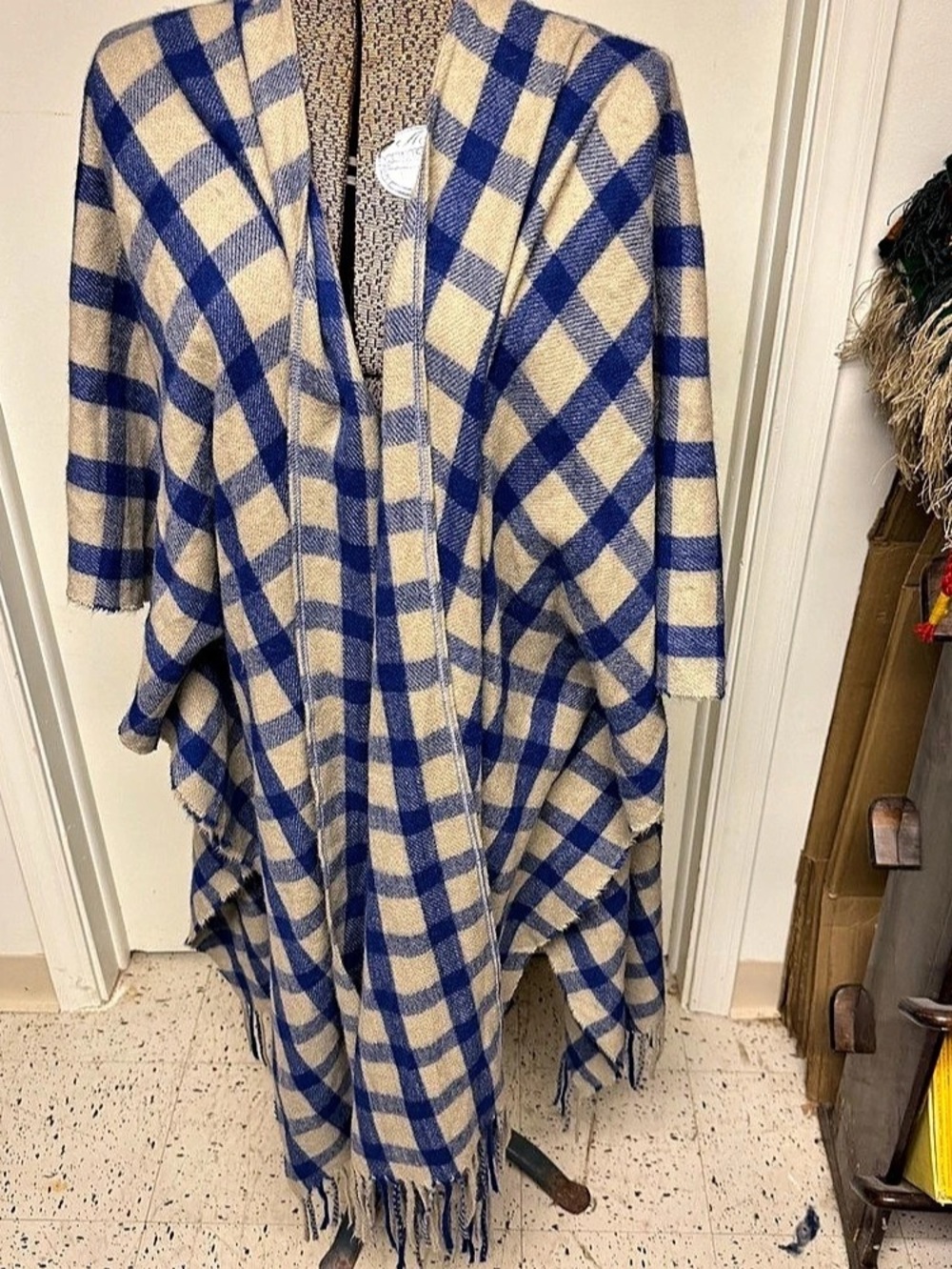 a new day Plaid Fringe Wrap in Blue & Cream Like New
